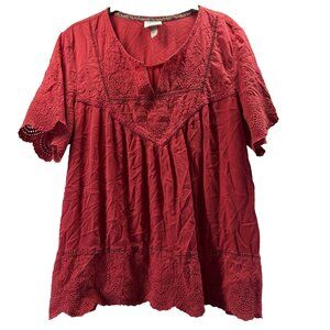 Knox Rose Women's Top Size XXL Plus Solid Red Eyelet Lace Short Sleeve Bohemian